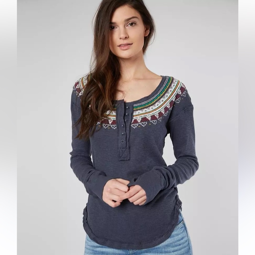 Free People Fair Isle Embroidered Thermal Henley Top Navy Large